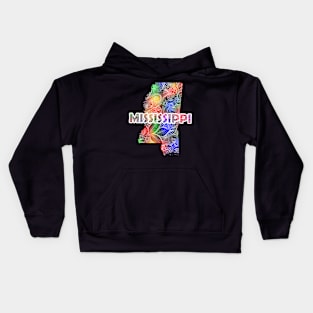 Colorful mandala art map of Mississippi with text in multicolor pattern Kids Hoodie